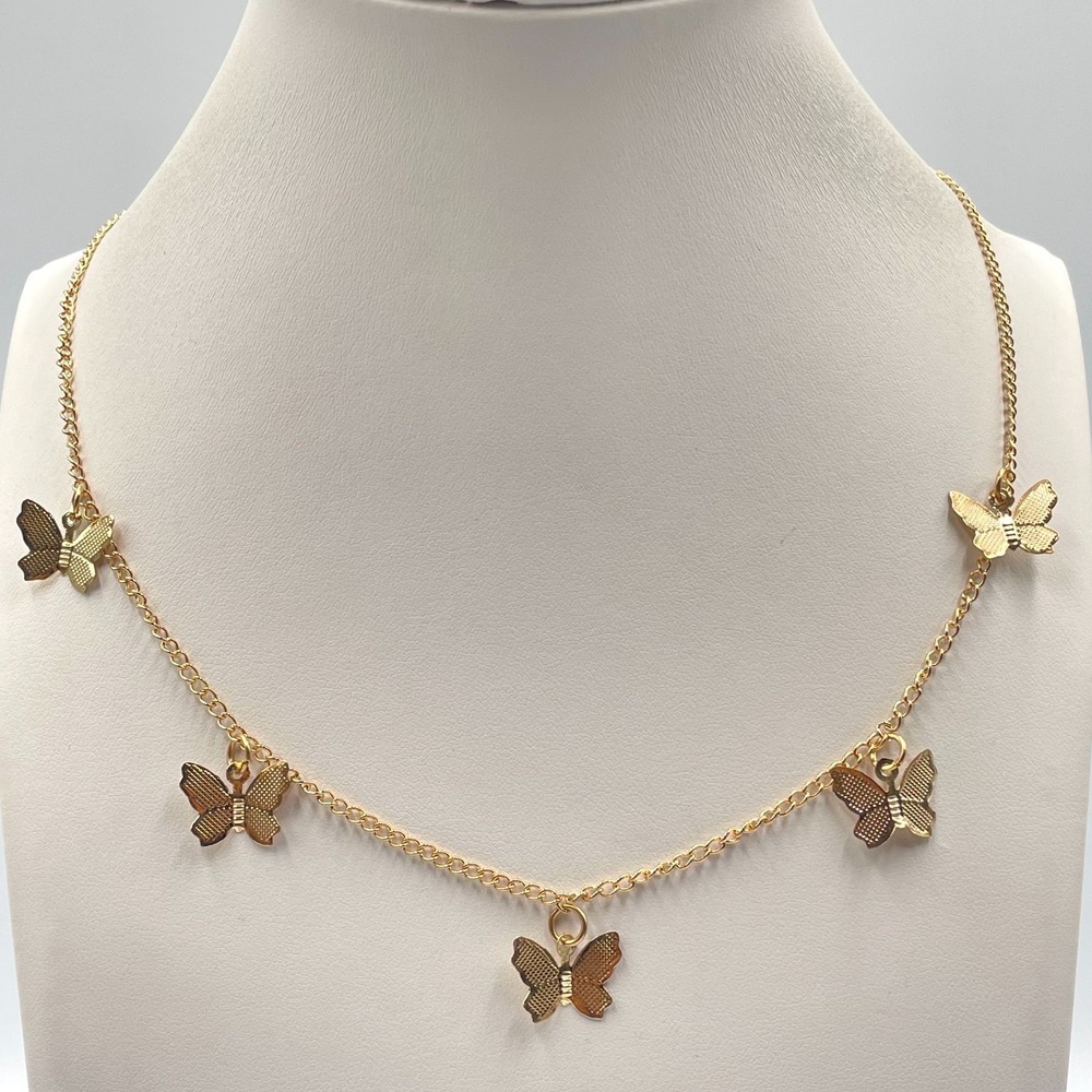 VTG Y2K Gold Tone Multi Butterfly Charm Choker Necklace Cute Dainty Fairycore
